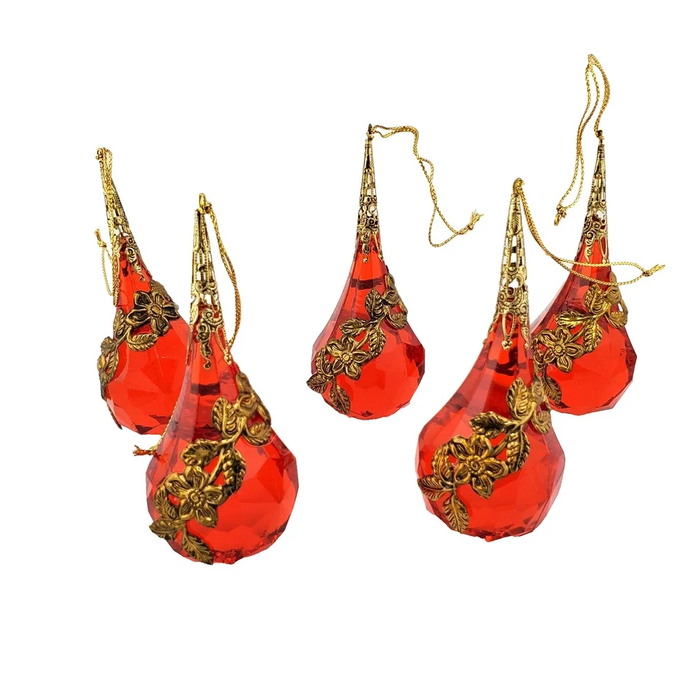 Vintage Beautiful Embellished Teardrop Christmas X 5 Ornament Red Acrylic & Gold